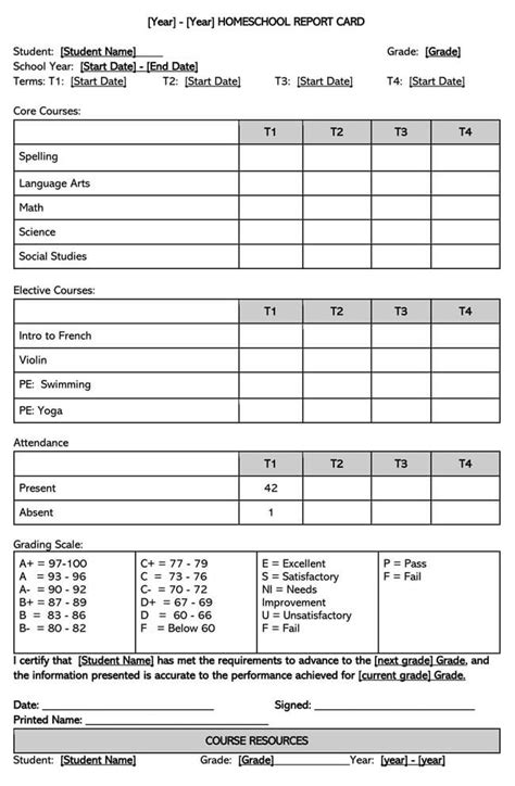 printable homeschool report card template printable templates