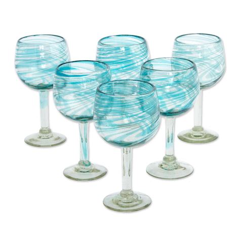 Set Of 6 Recycled Hand Blown Aqua Wine Glasses From Mexico