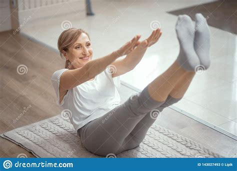 Cheerful Mature Woman Making Yoga Exercises Stock Image Image Of