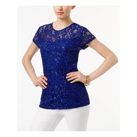 womens blue sequined lace short sleeve jewel neck evening top