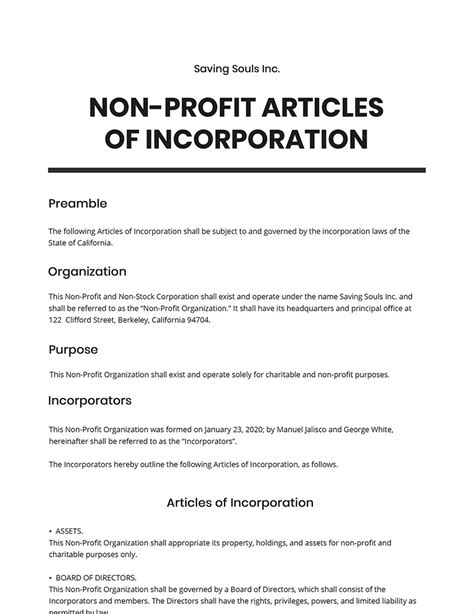 articles  incorporation    profit organisation template