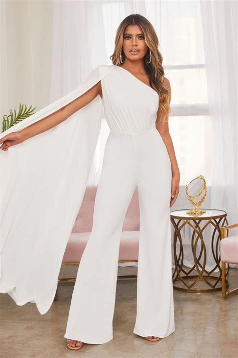 white  shoulder cape sleeve jumpsuit rehearsal dinner outfits