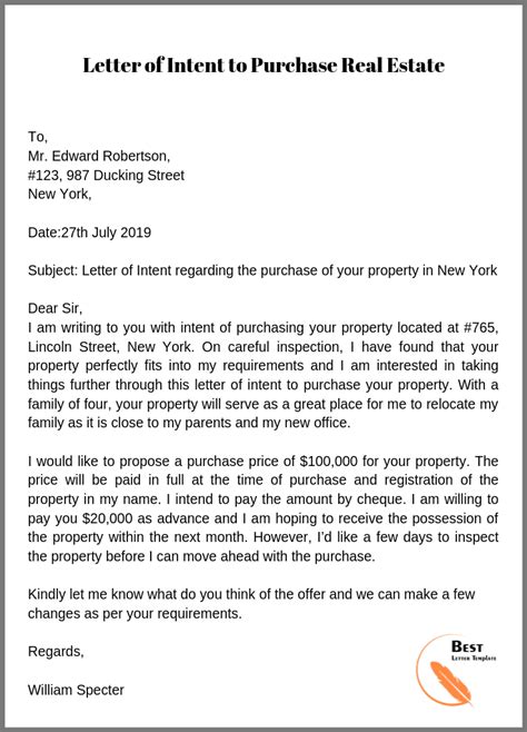 letter  intent  purchase real estate  letter template