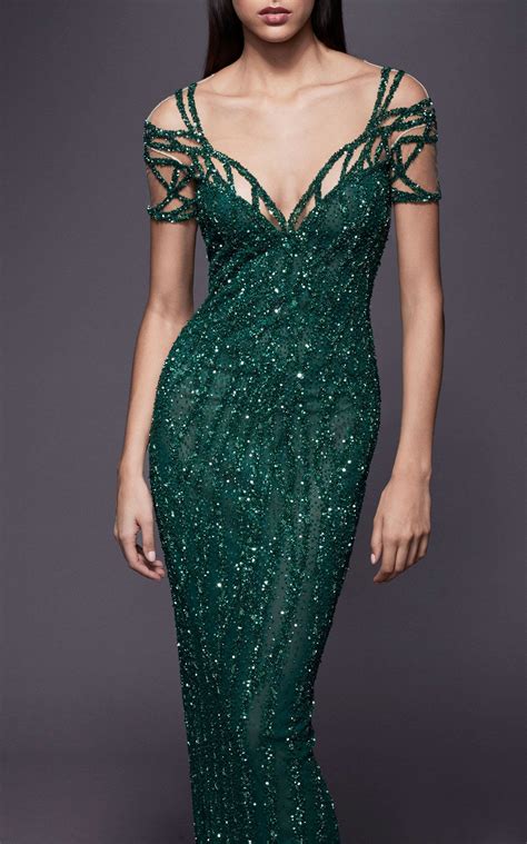 pamella roland crystal embellished chiffon gown green evening gowns