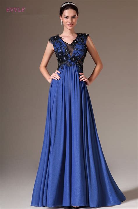 royal blue evening dresses 2019 a line v neck chiffon lace