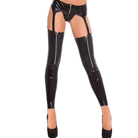 Sexy Women High Thigh Leather Stockings Zipper Front Open Crotch Female