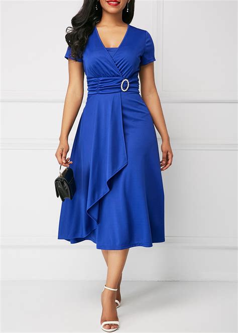 Short Sleeve Royal Blue Asymmetric Hem Dress Usd 33 08