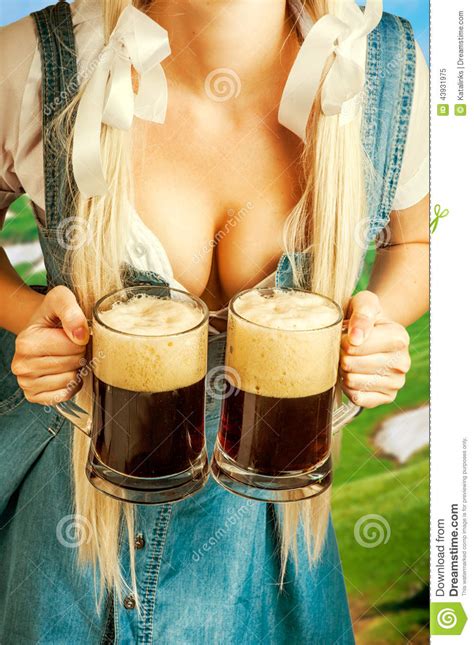 Oktoberfest Woman Holding Two Beer Mugs Stock Image Image Of Blond