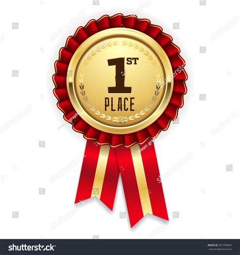 gold st place rosette badge  red ribbon  white background stock
