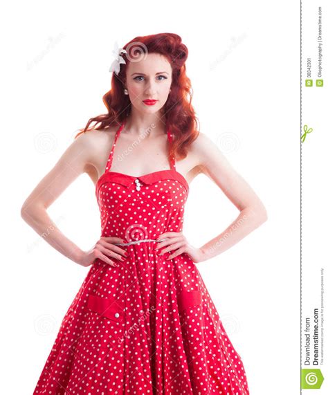 Beautiful Retro Pin Up Girl With Red Polka Dot Dress Stock