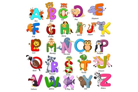 cartoon animals alphabet vector set  characters design bundles