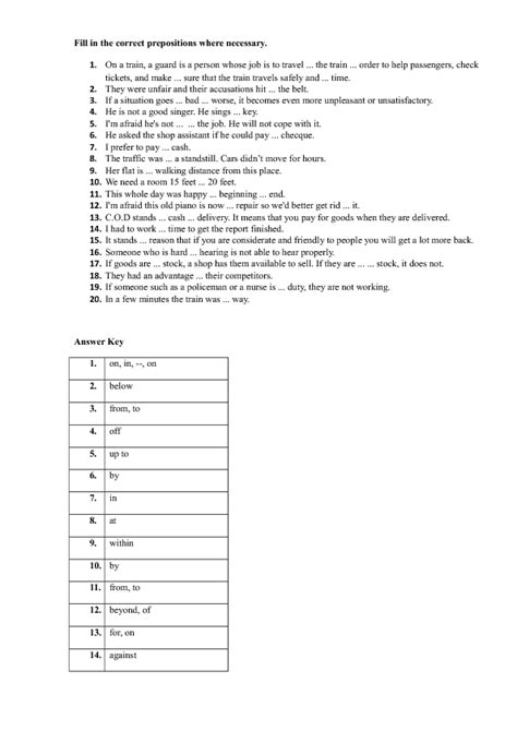 prepositions test answer key