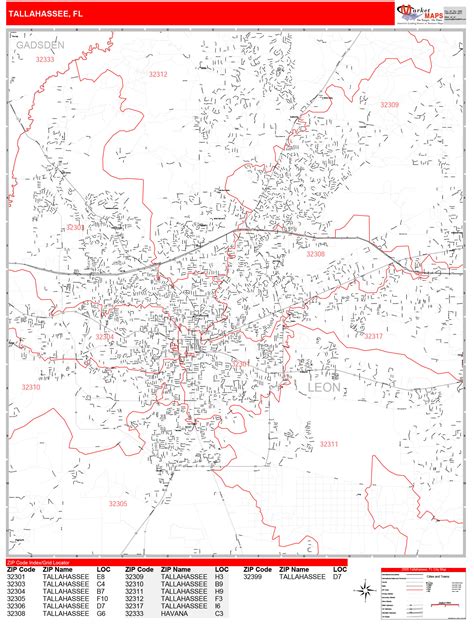 tallahassee florida zip code wall map red line style by marketmaps