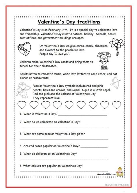 valentines day traditions reading comprehension worksheets reading