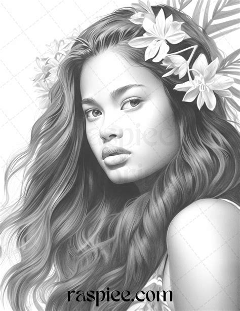 hawaiian girls grayscale coloring pages printable  adults