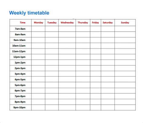 sample timetables sample templates