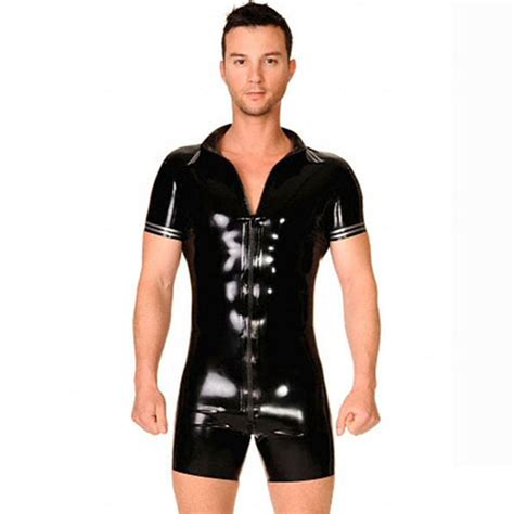 Turn Down Collar Sexy Black One Pieces Mens Latex Clothes Rubber T