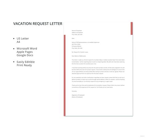 vacation request letter template  microsoft word apple pages google