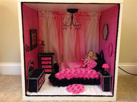 finished barbie bedroom all made from cardboard and things around the