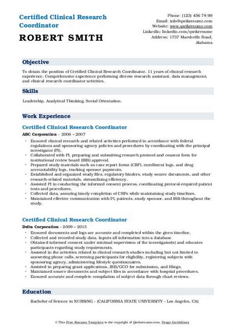 certified clinical research coordinator resume samples qwikresume