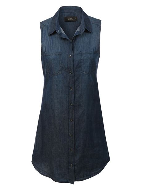 le3no womens classic sleeveless chambray denim shirt dress