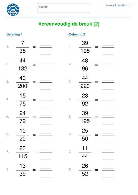 werkblad groep vereenvoudig de breuk breuken wiskunde werkbladen