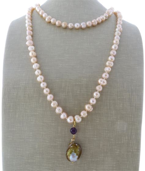 long freshwater pearl necklace pink pearl beaded  sofiasbijoux