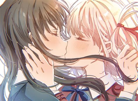 anime anime girls lycoris recoil yuri kissing nishikigi chisato