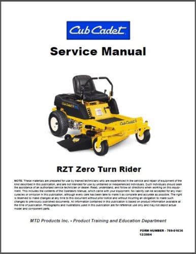 Cub Cadet Rzt Zero Turn Rider Lawn Mower Service Manual On