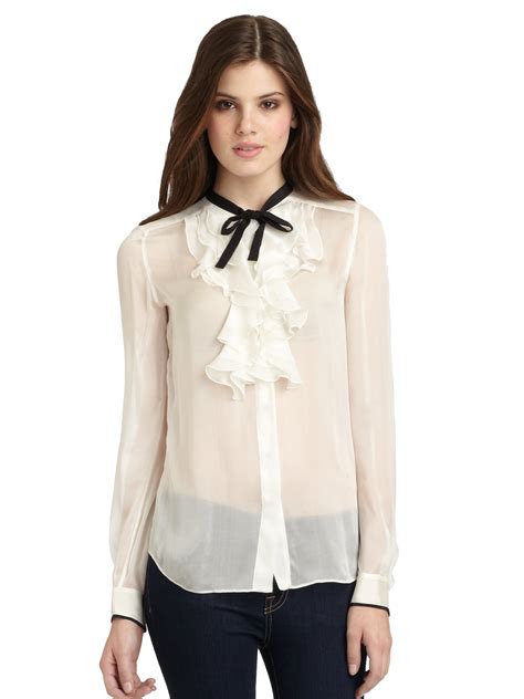 dolce and gabbana sheer ruffled silk blouse in white lyst