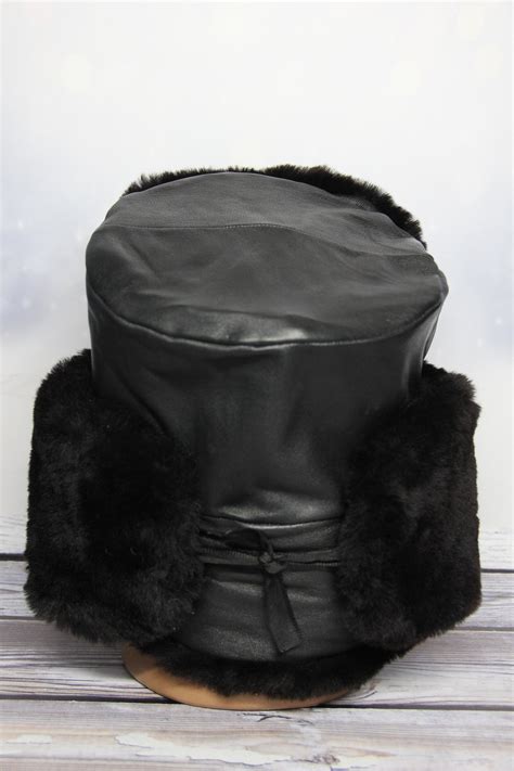 Winter Black Sheepskin Fur Hat Natural Ushanka Hat Russian Etsy