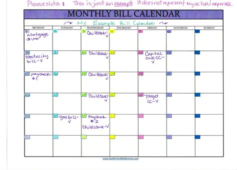 monthly bill  printable bill payment calendar