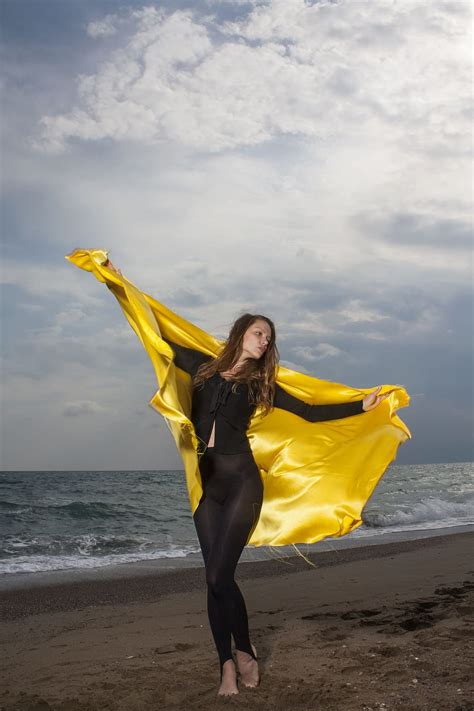 Hd Wallpaper Woman Raising Yellow Cloth Model Beach Beautiful