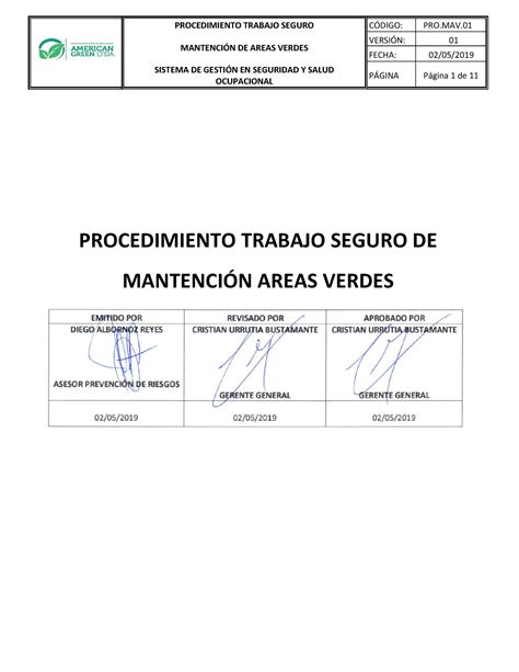 procedimiento de trabajo seguro  mantencion de areas verdes mantencion de areas verdes