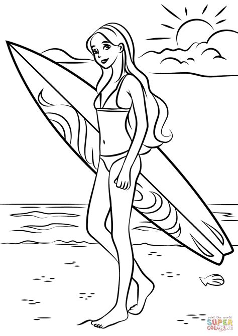 barbie surfer coloring page  printable coloring pages