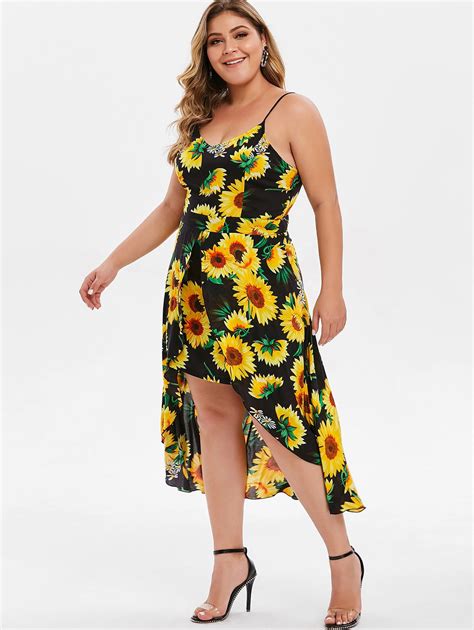 Wipalo Women Plus Size Sunflower Printed Cami Maxi Dress Split High Low