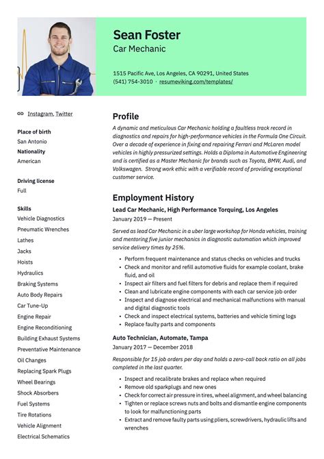car mechanic resume  car mechanic engineering resume