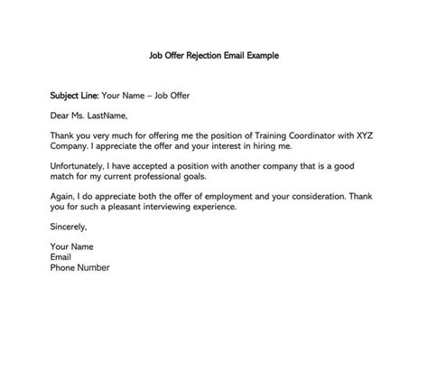letter declining  job offer    letter template collection