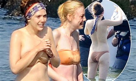 elizabeth olsen and dakota fanning strip down to flesh bikinis for skinny dipping scene daily