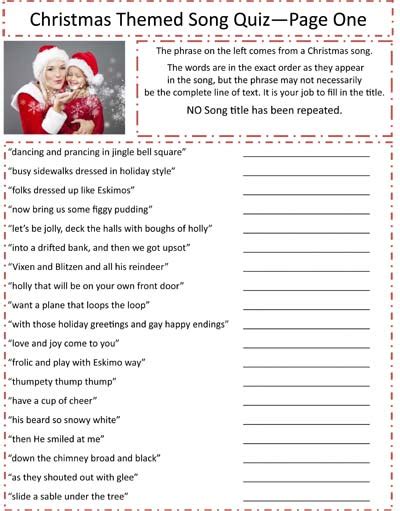 christmas themed song quiz game sheet