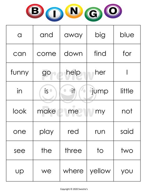 sight word bingo  printable