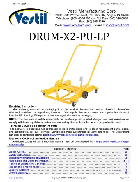 Vestil Drum X2 Pu Lp Use And Maintenance Instructions Pdf Download
