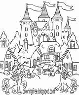 Unicorn Magic Coloring Castle Drawing Kingdom Printable Kids Book Storybook Pages Mythical Sheet Village Teens Fantasy Getdrawings Copy Unicorns sketch template