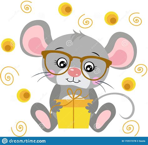 Cute Mouse With Glasses Sitting Holding A Yellow Small