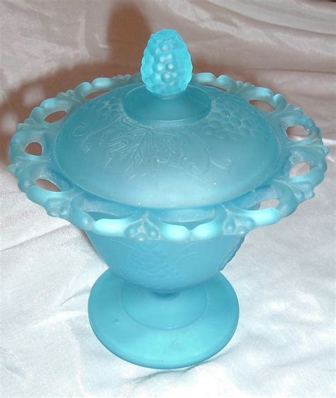 vintage blue candy dish  lid  frosted