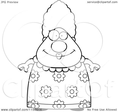 cartoon clipart   black  white chubby grandma   floral dress vector outlined coloring