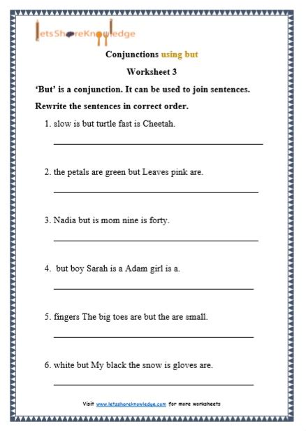 grade  grammar conjunctions   printable worksheets lets