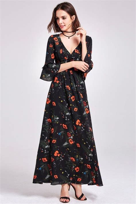 Classy Long Sleeve Floral Print Maxi Dress 48 As07170bk
