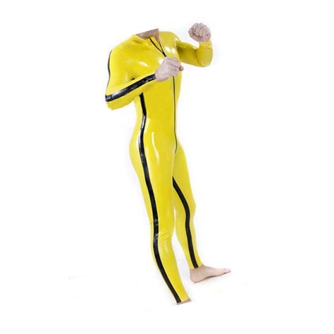 0 4mm thickness yellow rubber latex men s catsuit with side line front