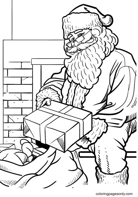 santa claus puts presents   bag coloring page  printable